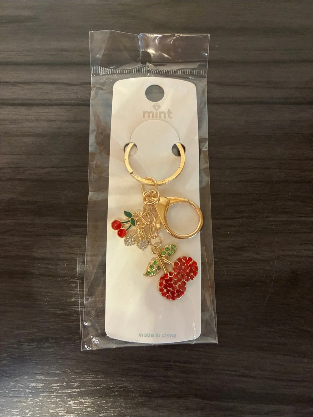Gold Cherry Crystal Keychain Rhinestone Charm Bag Clip Red Green - Picture 3 of 5